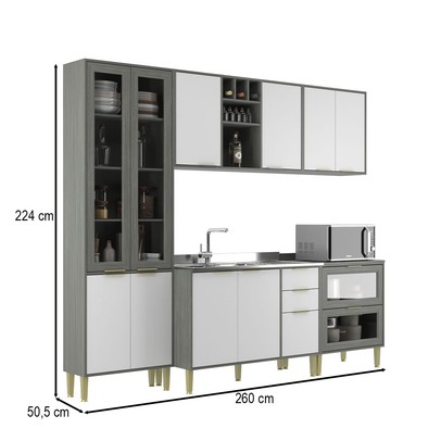 Cozinha Compacta Domus 10 Portas 5 Gavetas com Vidro Silver/Branco - Hecol Móveis