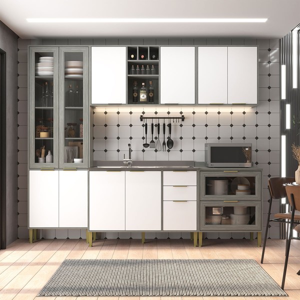Cozinha Compacta Domus 10 Portas 5 Gavetas com Vidro Silver/Branco - Hecol Móveis