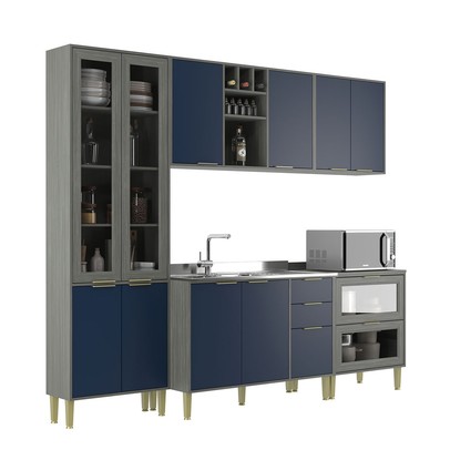 Cozinha Compacta Domus 10 Portas 5 Gavetas com Vidro Silver/Royal - Hecol Móveis