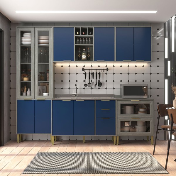 Cozinha Compacta Domus 10 Portas 5 Gavetas com Vidro Silver/Royal - Hecol Móveis