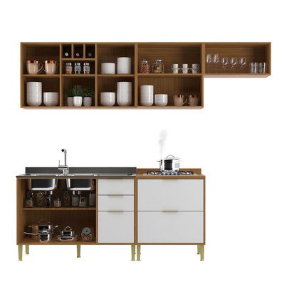Cozinha Compacta Domus 6 Portas 5 Gavetas Nogal/Branco - Hecol Móveis