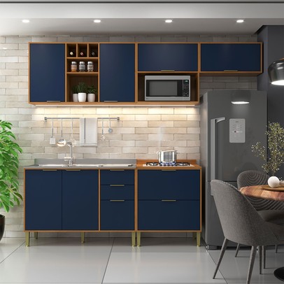 Cozinha Compacta Domus 6 Portas 5 Gavetas Nogal/Royal - Hecol Móveis