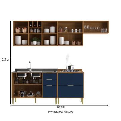 Cozinha Compacta Domus 6 Portas 5 Gavetas Nogal/Royal - Hecol Móveis