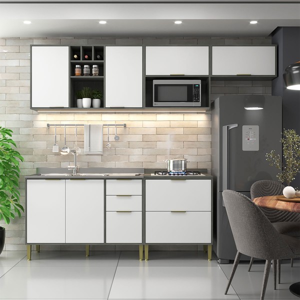 Cozinha Compacta Domus 6 Portas 5 Gavetas Silver/Branco - Hecol Móveis