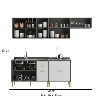 Cozinha Compacta Domus 6 Portas 5 Gavetas Silver/Branco - Hecol Móveis