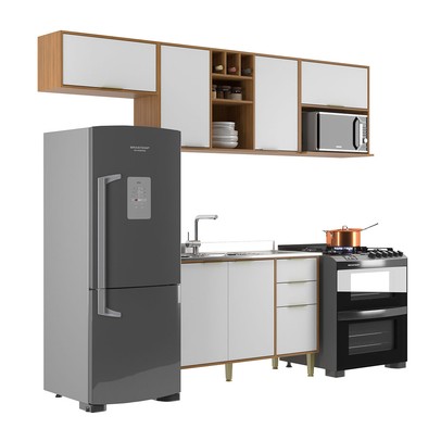 Cozinha Compacta Domus 6 Portas 3 Gavetas Nogal/Branco - Hecol Móveis