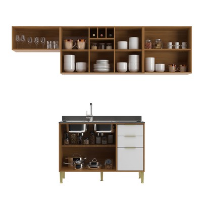 Cozinha Compacta Domus 6 Portas 3 Gavetas Nogal/Branco - Hecol Móveis
