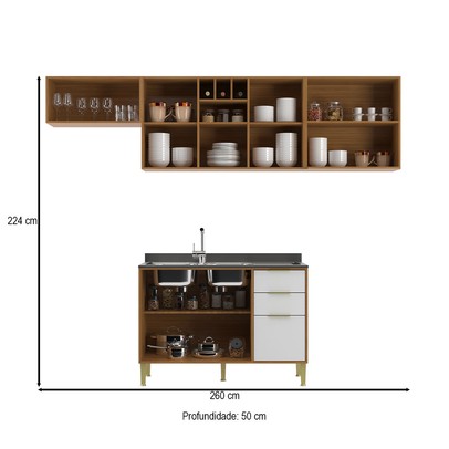 Cozinha Compacta Domus 6 Portas 3 Gavetas Nogal/Branco - Hecol Móveis