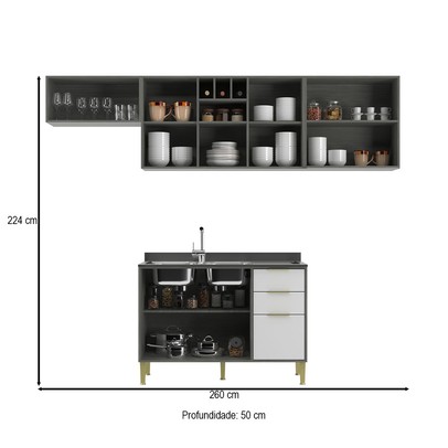 Cozinha Compacta Domus 6 Portas 3 Gavetas Silver/Branco - Hecol Móveis
