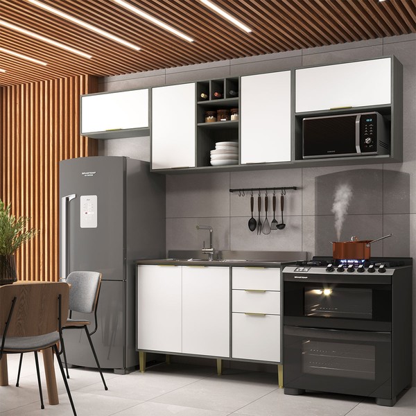 Cozinha Compacta Domus 6 Portas 3 Gavetas Silver/Branco - Hecol Móveis