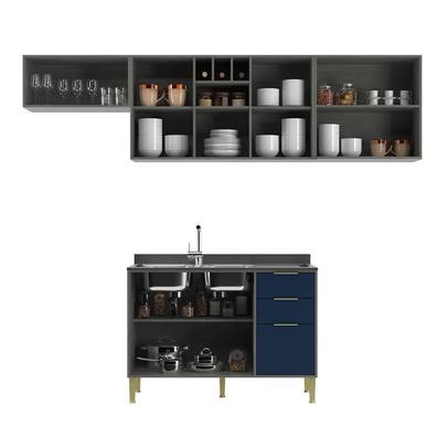 Cozinha Compacta Domus 6 Portas 3 Gavetas Silver/Royal - Hecol Móveis
