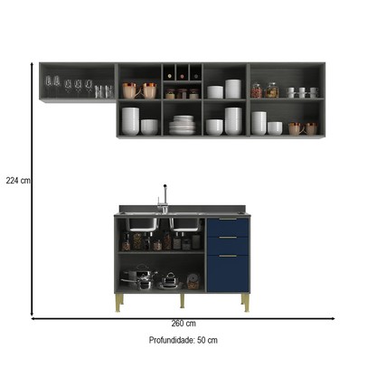 Cozinha Compacta Domus 6 Portas 3 Gavetas Silver/Royal - Hecol Móveis