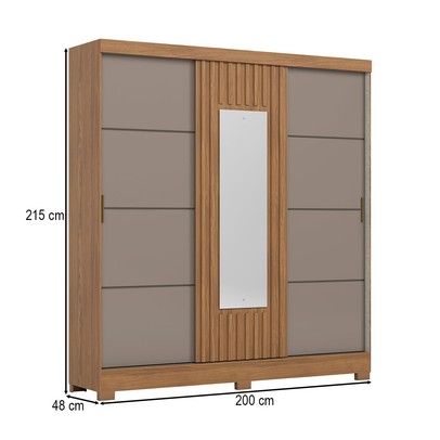 Guarda Roupa Casal B376 3 Portas 2 Gavetas Ripado com Espelho Nature/Avelã - Briz