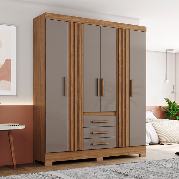 Guarda-Roupa Casal B375 4 Portas 3 Gavetas Ripado Nature/Avelã - Briz