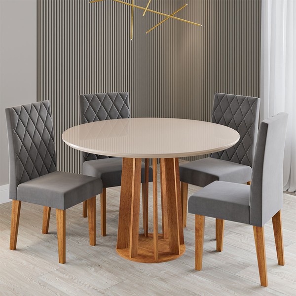 Mesa de Jantar 4 Lugares Kalen com Vidro Mel/Off White/Cinza - Viero Móveis