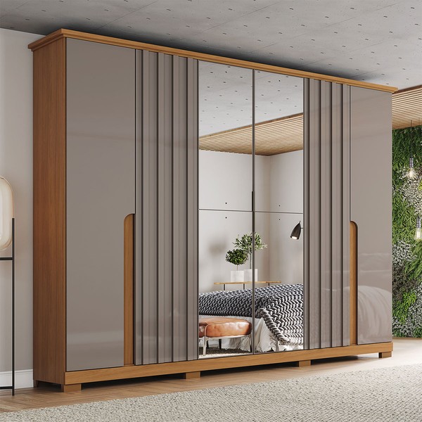 Guarda Roupa Casal Napoli com Espelho 6 Portas 6 Gavetas Cinamomo/Avelã - Henn
