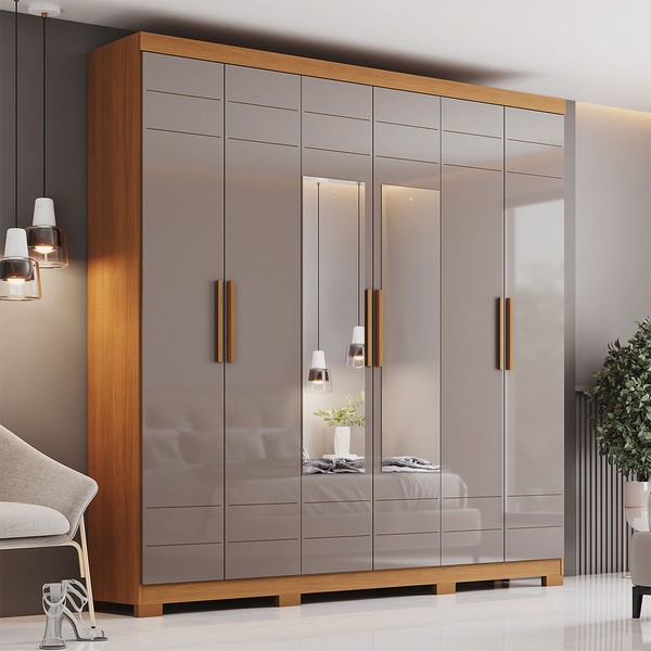 Guarda Roupa Casal Flora 6 Portas 3 Gavetas com Espelho Cinamomo/Avelã - Henn