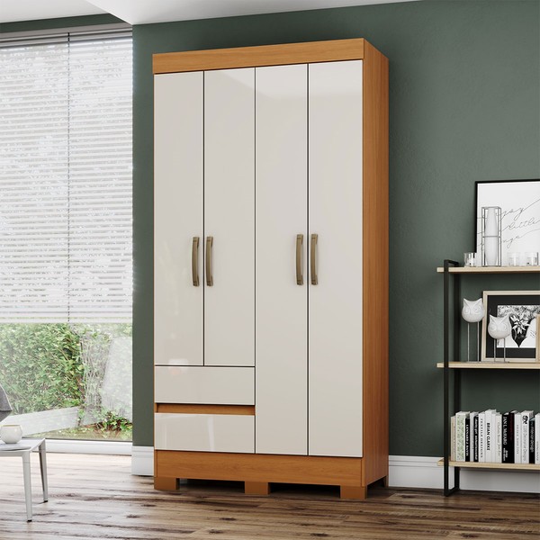 Guarda Roupa Solteiro Itaquera 4 Portas 2 Gavetas Cinamomo/Off White - Henn