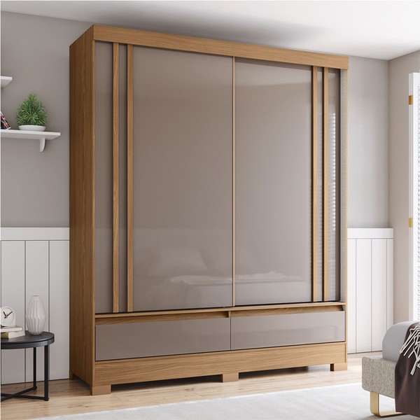 Guarda-Roupa Solteiro Spazio 2 Portas 2 Gavetas Ripado Flex Nature/Off White/Avelã - Henn