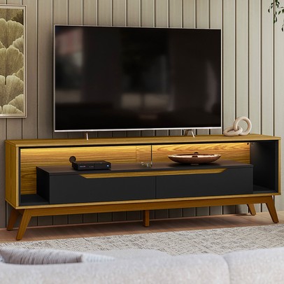 Rack para TV Até 65 Polegadas Spinello 2 Gavetas com Vidro e Led Cedro/Preto - Pnr Móveis