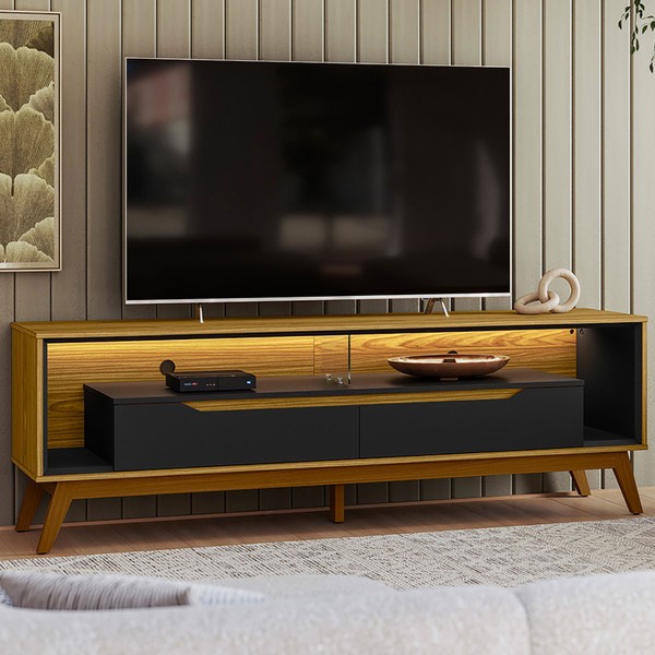 Rack para TV Até 65 Polegadas Spinello 2 Gavetas com Vidro e Led Cedro/Preto - Pnr Móveis