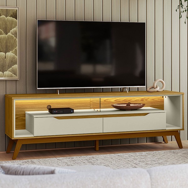 Rack para TV Até 65 Polegadas Spinello 2 Gavetas com Vidro e Led Cedro/Off White - Pnr Móveis