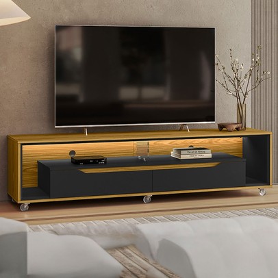 Rack para TV Até 65 Polegadas Lapislazzuli 2 Gavetas com Vidro e Led Cedro/Preto - Pnr Móveis