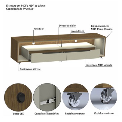 Rack para TV Até 65 Polegadas Lapislazzuli 2 Gavetas com Vidro e Led Cedro/Off White - Pnr Móveis
