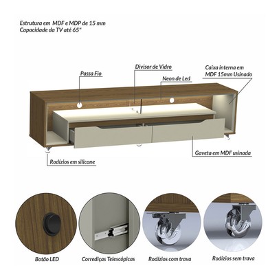 Rack com Painel para TV Até 70 Polegadas Perla 2 Gavetas 1 Prateleira Cedro/Off White - Pnr Móveis