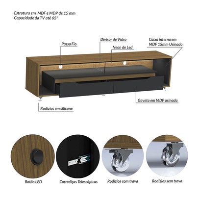 Rack com Painel para TV Até 70 Polegadas Perla 2 Gavetas 1 Prateleira Cedro/Preto - Pnr Móveis