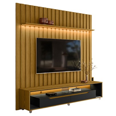 Rack com Painel para TV Até 70 Polegadas Perla 2 Gavetas 1 Prateleira Cedro/Preto - Pnr Móveis