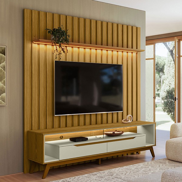 Rack com Painel para TV Até 70 Polegadas Tormalina 2 Portas 1 Prateleira Cedro/Off White - Pnr Móveis