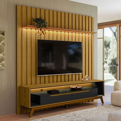 Rack com Painel para TV Até 70 Polegadas Tormalina 2 Portas 1 Prateleira Cedro/Preto - Pnr Móveis