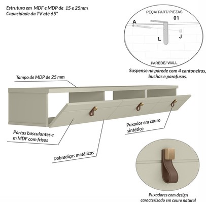Rack para TV Até 65 Polegadas Suspenso Zaffira 3 Portas Off White - Pnr Móveis
