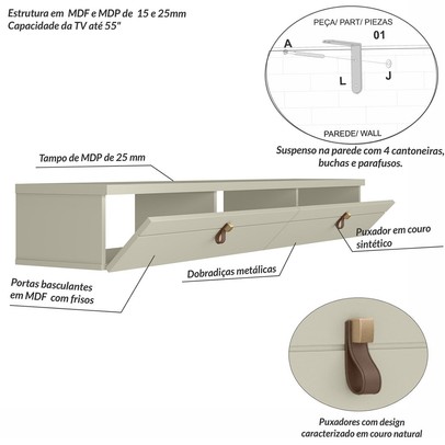 Rack para TV Até 55 Polegadas Opale 2 Portas Off White/Bege - Pnr Móveis