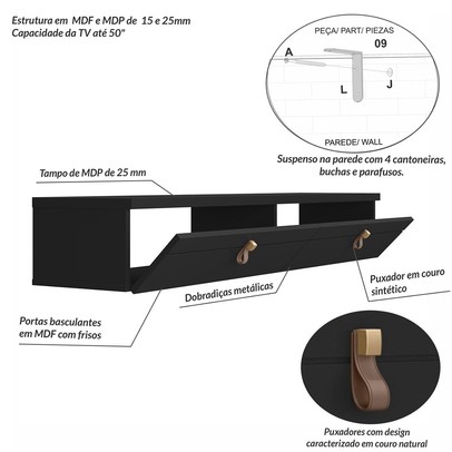 Rack para TV Até 50 Polegadas Suspenso Imperiale 2 Portas Preto - Pnr Móveis