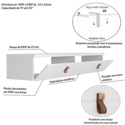 Rack para TV Até 50 Polegadas Suspenso Imperiale 2 Portas Branco - Pnr Móveis