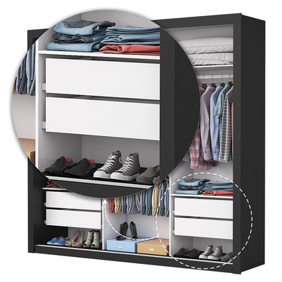 Guarda-Roupa Casal Bello 3 Portas de Correr com Espelho 4 Gavetas Preto - Pnr Móveis
