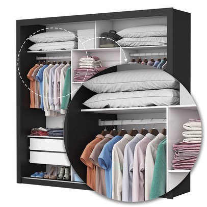 Guarda-Roupa Casal Bello 3 Portas de Correr com Espelho 4 Gavetas Preto - Pnr Móveis