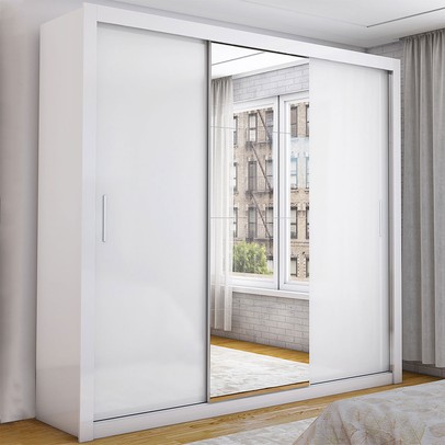Guarda-Roupa Casal Bello 3 Portas de Correr com Espelho 4 Gavetas Branco - Pnr Móveis