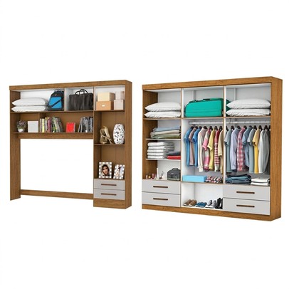 Guarda-Roupa Casal Modulado com Cama Amazzonite 11 Portas 6 Gavetas com Espelho Cinamomo/Off White - Pnr Móveis