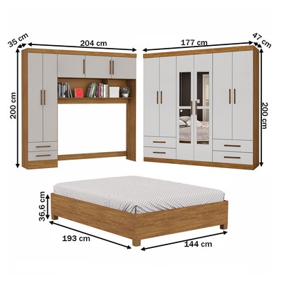 Guarda-Roupa Casal Modulado com Cama Amazzonite 11 Portas 6 Gavetas com Espelho Cinamomo/Off White - Pnr Móveis