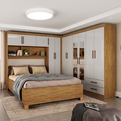 Guarda-Roupa Casal Modulado com Cama Amazzonite 11 Portas 6 Gavetas com Espelho Cinamomo/Off White - Pnr Móveis