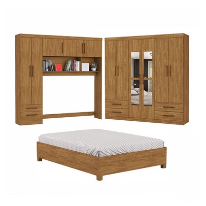 Guarda-Roupa Casal Modulado com Cama Amazzonite 11 Portas 6 Gavetas com Espelho Cinamomo - Pnr Móveis