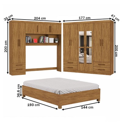 Guarda-Roupa Casal Modulado com Cama Amazzonite 11 Portas 6 Gavetas com Espelho Cinamomo - Pnr Móveis