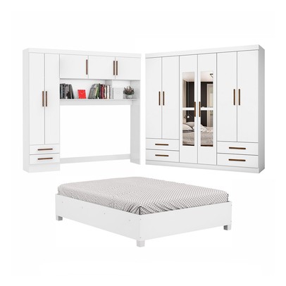 Guarda-Roupa Casal Modulado com Cama Amazzonite 11 Portas 6 Gavetas com Espelho Branco - Pnr Móveis