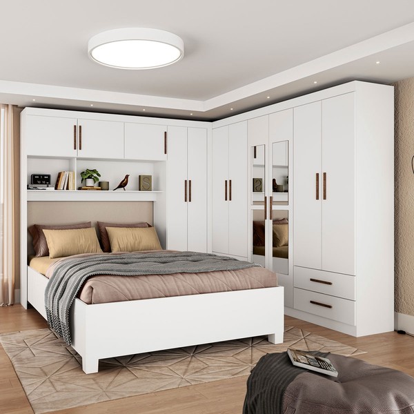 Guarda-Roupa Casal Modulado com Cama Amazzonite 11 Portas 6 Gavetas com Espelho Branco - Pnr Móveis