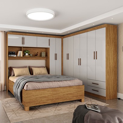 Guarda-Roupa Casal Modulado com Cama Amazzonite 11 Portas 6 Gavetas Cinamomo/Off White - Pnr Móveis