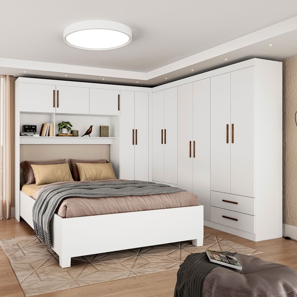 Guarda-Roupa Casal Modulado com Cama Amazzonite 11 Portas 6 Gavetas Branco - Pnr Móveis
