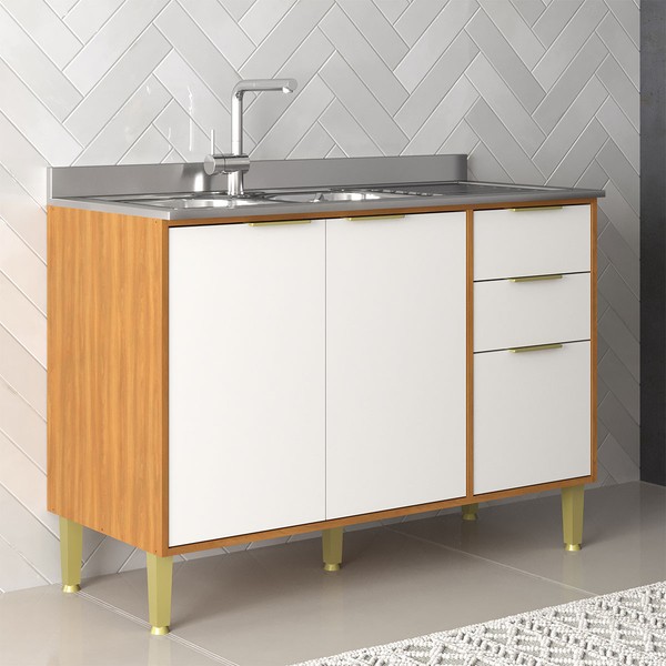 Balcão de Cozinha para Pia 120 Cm Domus 2 Portas 3 Gavetas Nogal/Branco - Hecol Móveis